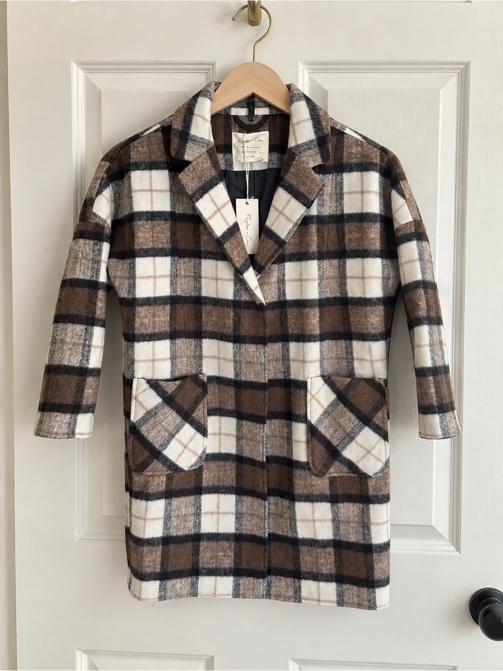 Rylee + Cru Plaid Longline Coat 6-7Y NWT Brown Cream Wool Blend